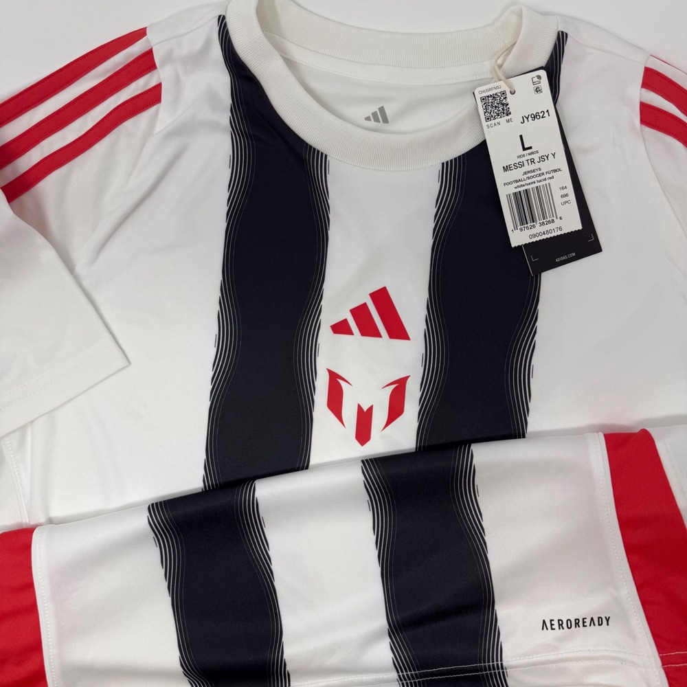 Adidas Messi‎ Soccer Jersey Youth Large AEROREADY White Black Red JY9621 NEW